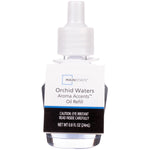 Mainstays Orchid Waters Aroma Accents oil refill bottle with white cap and label on white background.
