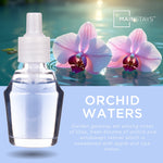 Promotional graphic showing a Mainstays oil refill bottle with orchids on water and text 'Orchid Waters'.