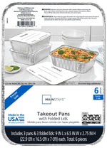 Close-up of Mainstays product packaging artwork showing stacked aluminum takeout pans, filled pan, and label details.