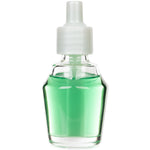 Close-up of Mainstays Palm Tree Breeze fragrance oil refill bottle showing green liquid in clear glass