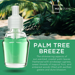 Mainstays Palm Tree Breeze refill bottle overlaid on tropical palm background with fragrance description
