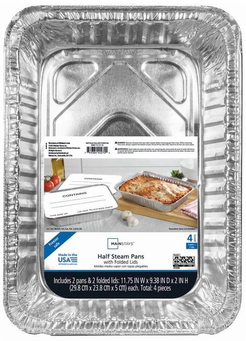 Close-up top view of a Mainstays aluminum half-steam pan with product label and food photo on the label