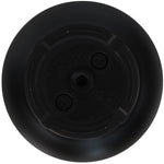 Underside of a matte black resin planter showing molded base details and two removable plugs around a central drainage hole.