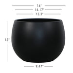 Matte black round planter with overlaid measurement lines and dimension labels indicating width and height.