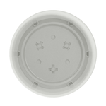 Top-down view of an empty round plastic planter showing interior base features and drainage pattern