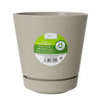 Birch gray Mainstays planter with attached saucer and round product label on front