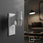 Wall plug fragrance diffuser inserted in outlet with a small glass scent bottle attached and Mainstays logo