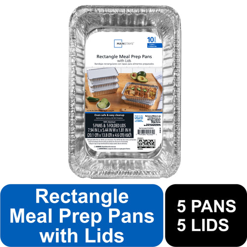 Top-down view of a Mainstays aluminum rectangular meal prep pan with product label and branding visible