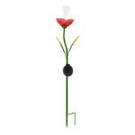 Tall green metal garden stake with red translucent rose top and white fiber-optic center on white background