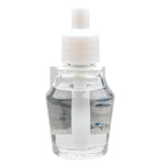 Close-up clear glass fragrance oil refill bottle with white cap and visible inner plastic wick assembly