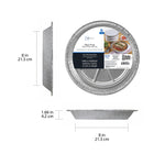 Round aluminum pan with Mainstays label plus side and profile dimension diagrams showing 8 in diameter and 1.66 in depth