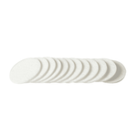 Linear arrangement of multiple white circular replacement pads displayed on a white background