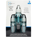 Front retail blister pack showing three Mainstays Salted Sea Spray aroma oil refill bottles and product branding.