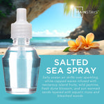 Mainstays Salted Sea Spray product graphic showing a refill bottle over a tropical beach scene with descriptive text and brand logo.