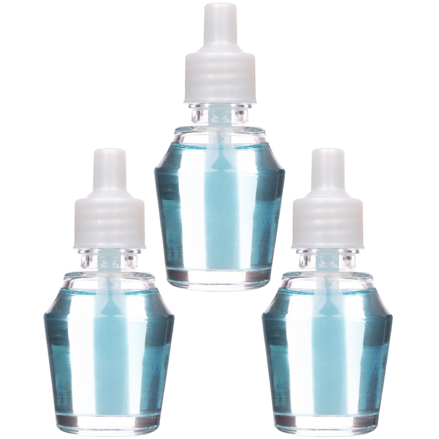 Three clear fragrance oil refill bottles containing blue liquid with white caps on a white background.