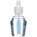 Close-up Mainstays fragrance oil refill bottle filled with pale blue liquid and a white cap on a white background.