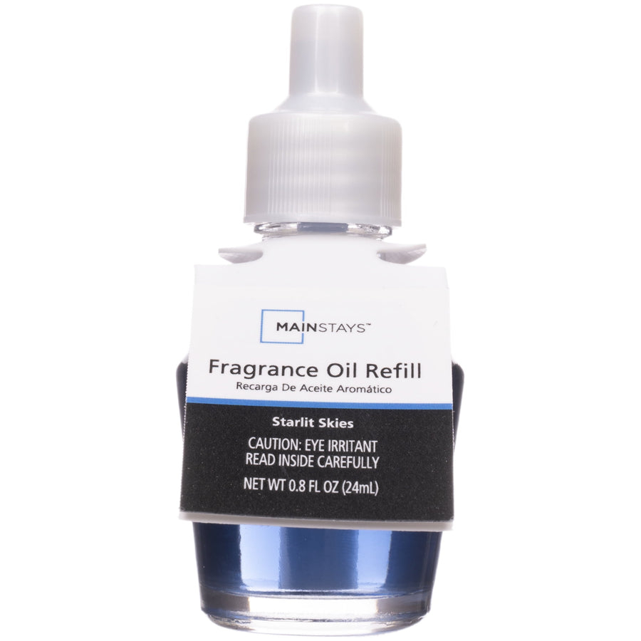 Mainstays Starlit Skies fragrance oil refill bottle with black and white label and blue liquid visible