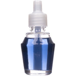 Close-up front view of a Mainstays fragrance oil refill bottle showing blue liquid and white plastic cap