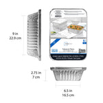 Dimension diagram and images of a Mainstays aluminum takeout pan with folded lid and product packaging label.