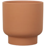 Smooth terracotta cylindrical ceramic planter with short pedestal base on white background.