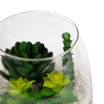 Angled close-up through glass of three small faux succulents and white pebble filling on a wooden base
