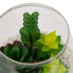 Overhead-close view into glass terrarium revealing three faux succulent tops and white pebble substrate