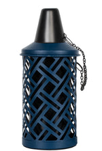 Close-up of Mainstays textured blue metal table torch showing lattice pattern, black cap attached by short chain