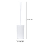 White toilet brush and holder with measurement overlay showing 15.86 IN H and 3.31 IN Dia on a white background.