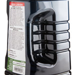 Side view of a black fuel jug showing textured grip handle and a bilingual warning panel on the label.