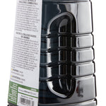 Close-up side view of a ribbed black plastic fuel bottle showing warning label and handle