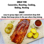 Promotional graphic showing roasted ribs and potatoes with text highlighting uses like casseroles, roasting and baking