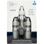 Retail blister pack showing three clear refill bottles labeled Mainstays Vanilla Aroma Accents Oil Refill value pack.