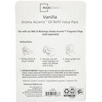 Back panel of Mainstays Vanilla Aroma Accents Oil Refill package showing usage instructions, warnings and ingredient text.