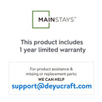 Mainstays logo and text panel stating the product includes a one year limited warranty with support email displayed.
