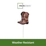 Mainstays logo above a metal cowboy boot garden stake on white with a green bar stating 'Weather Resistant'.