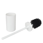 White plastic toilet brush handle and black bristle head placed beside a white cylindrical holder on a white background.