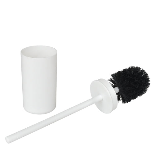 White plastic toilet brush handle and black bristle head placed beside a white cylindrical holder on a white background.