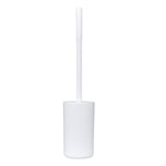 Assembled white plastic toilet brush standing in a matching white cylindrical holder against a white background.