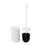 White toilet brush disassembled with black bristle head shown next to a white cylindrical holder on a white background.