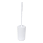 White plastic toilet brush with long straight handle seated in a matching white cylindrical holder on a white background.