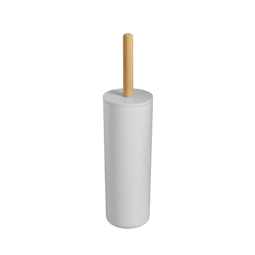 White cylindrical toilet brush holder with a natural bamboo handle centered on white background.