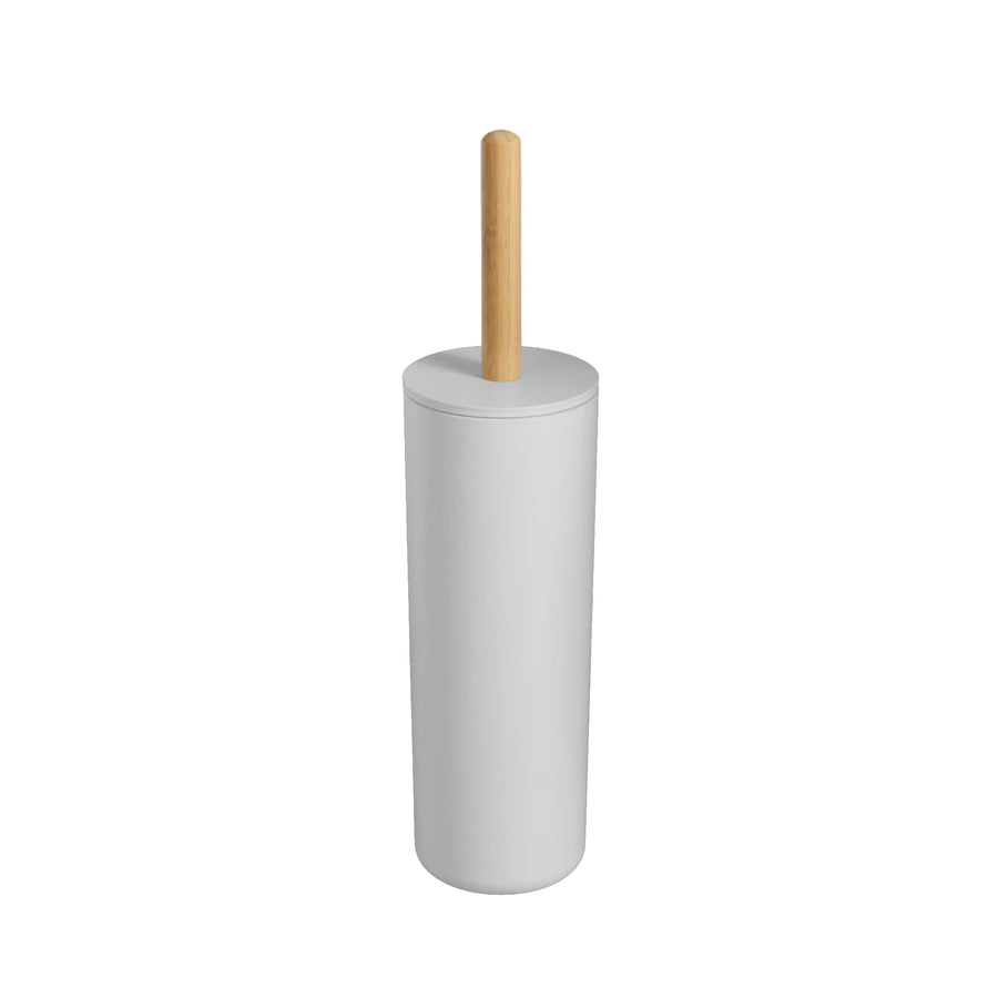 White cylindrical toilet brush holder with a natural bamboo handle centered on white background.