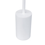 Close-up view of the top of a white cylindrical toilet brush holder with the brush handle centered in the lid.
