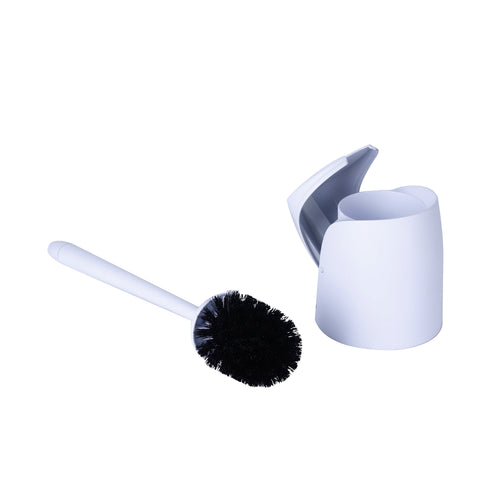 White plastic toilet brush and separate lidded holder shown apart on a white background, black bristles visible