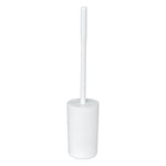 Tall white plastic toilet brush standing in its matching white cylindrical holder on a plain white background.
