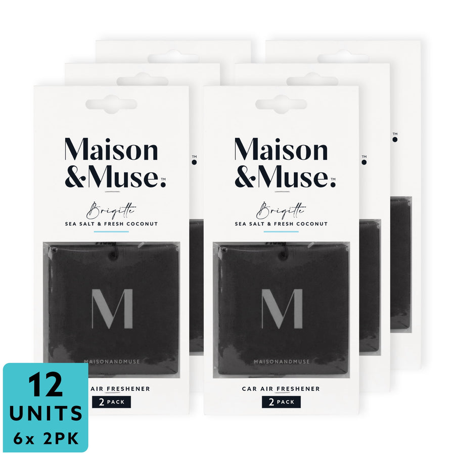 Packaged Maison & Muse Brigitte car air fresheners in white retail blister cards showing black square air freshener with large 'M' logo