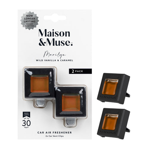 Maison & Muse Marilyn wild vanilla & caramel car vent clip two-pack in retail blister card