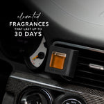 Maison & Muse black square vent clip with amber fragrance insert mounted on a car vent