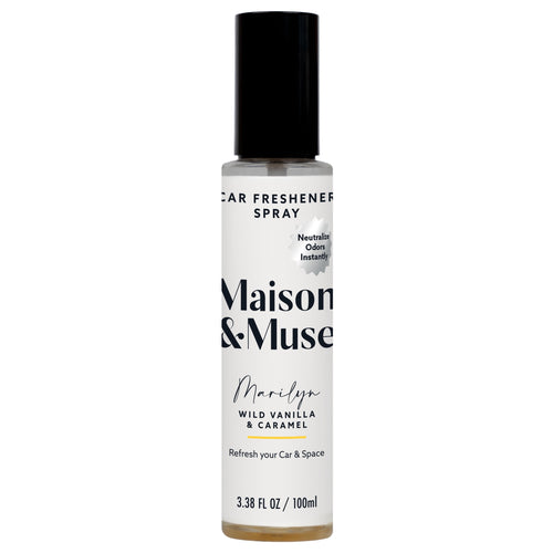 Maison & Muse Marilyn car freshener spray bottle with white label and black cap, front view