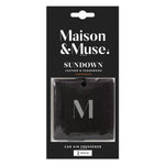 Front-facing packaged Maison & Muse Sundown square car air freshener showing brand name and visible product window